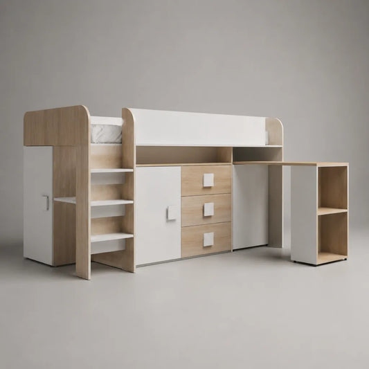 Letto a soppalco per bambini con scrivania, 2 armadi, 3 cassetti e scala in pannelli melaminici, bianco e rovere chiaro, 290 x 120 x 180 cm